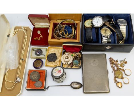 A collection of costume jewellery to include an early 20th century diamond and pearl set ring, size U, unmarked probably 18ct