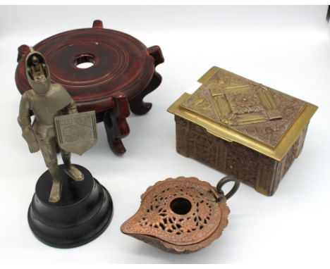 An Eastern Indian cigarette/tobacco bronze box with ornate lion and bird detail along with an Indian oil lamp, Chinese stand 