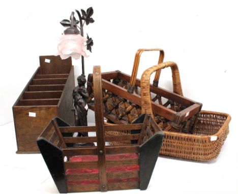 Three vintage fruit/flower baskets, mahogany candle box and reproduction table lamp.