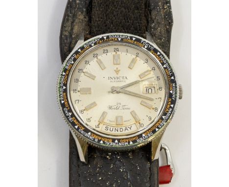A gents vintage Swiss 'Invicta' world time Day-Date automatic steel cased wristwatch, comprising a signed round silvered dial