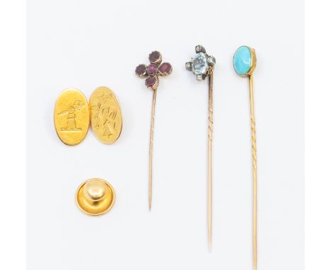 An aquamarine and diamond set gold stick pin, along with a flat cut garnet and gold stick pin together with a turquoise set p