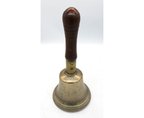 Vintage bronze hand held large school bell with oak handle.