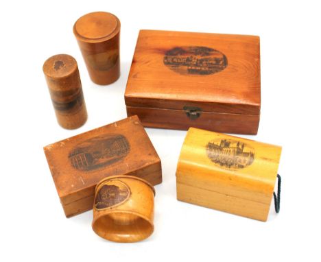 A small collection of Mauchline Ware treen boxes to include; a rectangular trinket box depicting scene of Bowness on Winderme