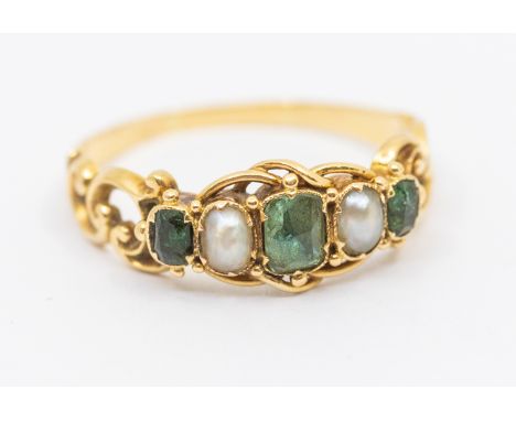 A 19th century pearl and green stone set gold ring, comprising alternate pearls and green stones, possibly tourmaline, scroll