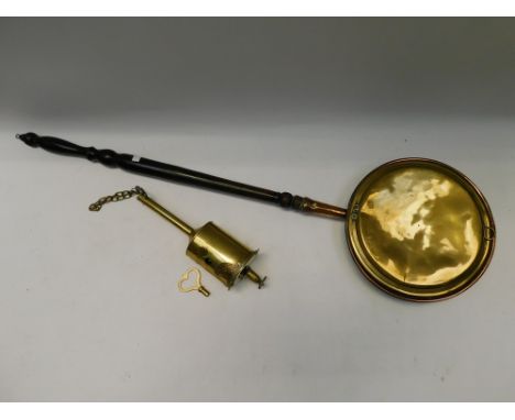 A 19th Century John Dinwood brass cooking timer with winding key along with a 9th Century copper bedpan, minor dents /wear