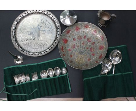 A small amount of silver plate to include; a late 19th / early 20th century silver plated circular engraved salver with pierc