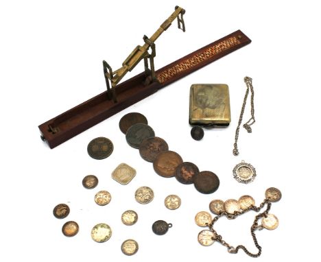A set of cased Georgian scales, along with various coins inc. Victorian and a coin charm bracelet.