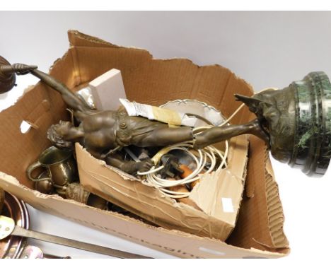 A collection of silverplate items along with brass items, flat wares, early and late 19th Century bedpans along with a spelte