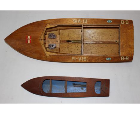 Boats: A pair of wooden model boats, K&amp;B F1-V15 G-B and one other. Visual condition is good, in need of a clean. Please a