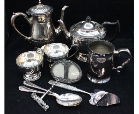 A small collection of silver plate to include: a Viners plated coffee pot; a three-piece Viners of Sheffield plated tea set w