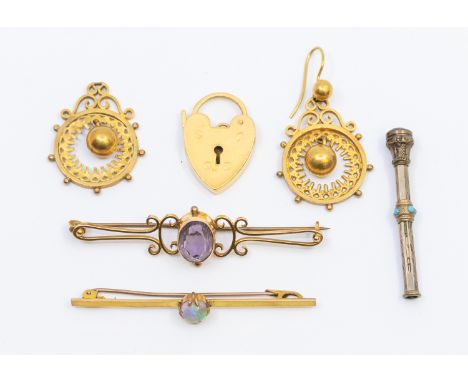 An Edwardian opal and 9ct gold bar brooch, length approx 55mm, along with a later amethyst set 9ct gold bar brooch (base pin)