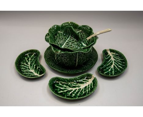 A Portuguese cabbage pot on plate with ladle and three matching dishes, Overall good condition , but signs of wear  