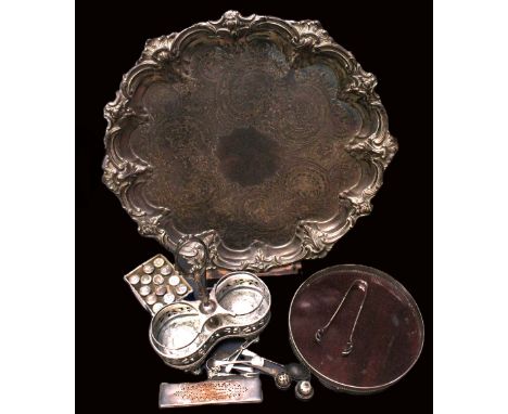 A small collection of silver plated ware to include; a large elaborate three footed engraved serving tray / salver with mahog