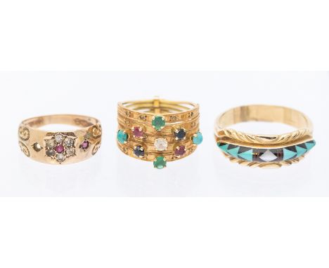 A 14ct gold ring inlaid to centre with mother of pearl, turquoise and onyx within a border of embossed decoration, width appr