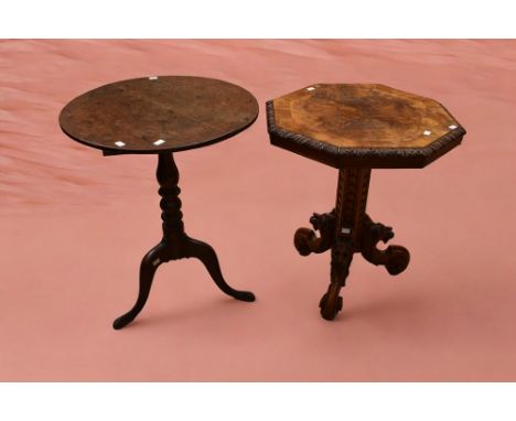 A George III oak tilt top wine table on tripod padded supports, turned column along with early Victorian oak occasional table