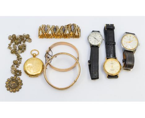 A collection of costume jewellery including gilt metal bangles, etc, along gents vintage wristwatches all damnaged missing pa