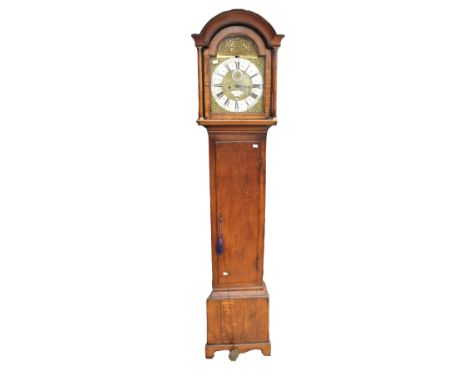 George II oak case longcase clock with eight-day movement, Roman and Arabic numerals, date and seconds sub-dials, arched bras