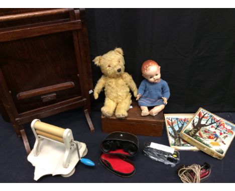 Vintage teddy, vintage doll, mid 20th Century child's mangle with iron, trinket box, camera, pair of binoculars and folding t