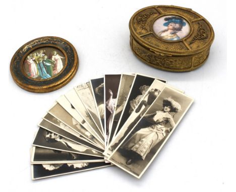 A 19th Century oval gilt finished metal trinket box with signed hand painted portrait of a French lady along with a art deco 