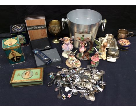 Collection of plated tea spoons, silver jubilee coins vintage tins and ice bucket with fairy figure's