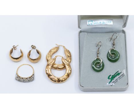 A pair of large 9ct gold hoop creole earrings with scalloped edge and engraved decoration, diameter approx 30mm, (some dents 