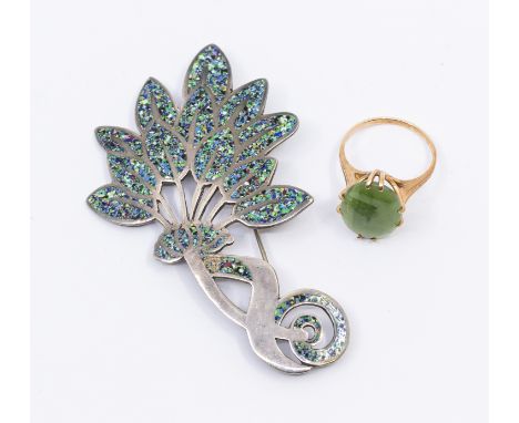 Margot De Taxo Mexican silver enamel set brooch with leaf style decoration inset with multi-coloured enamel, length approx 7 