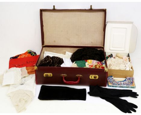 An interesting vintage Rexel suitcase containing vintage clothes, textiles etc, including an Egyptian Assiut from 1930s of me