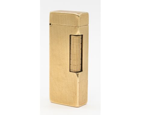 A Dunhill 9ct gold lighter with engine turned decoration, length approx 65mm, width approx 24mm, total gross weight approx 10
