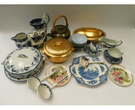 Empire ware blue and white dinner service, Royal Worcester gilt tureens, stoneware teapot.
