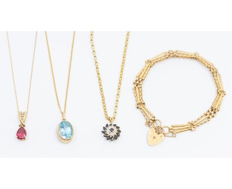 A collection of stone set 9ct gold pendants, to include a sapphire and diamond cluster pendant, diameter approx 12mm, suspend