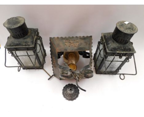 Two vintage metal carriage lamps along with a metal ceiling hanging lamp.&nbsp;minor dents /wear etc