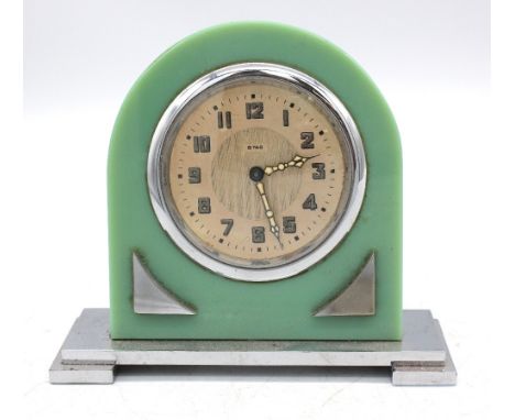 A 1930s 8 Tag mantle clock, green marble and chrome construction, Arabic numerals, by 8 Tag, working.