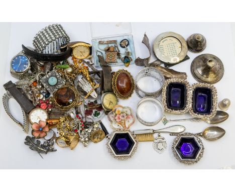 A collection of costume jewellery to include a silver butterfly wing ring, vintage paste set brooches, bracelet, micro mosaic