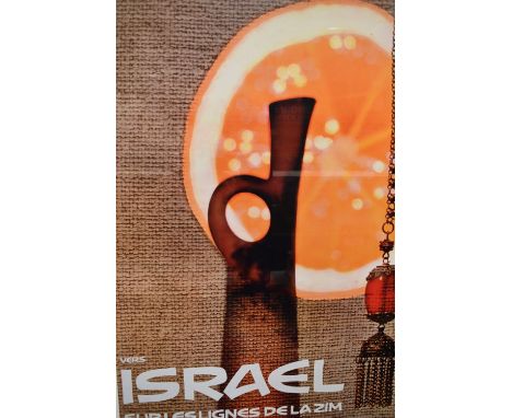 A large vintage framed travel poster for Israel along with a Lewis Carroll and Alice Liddell framed poster.