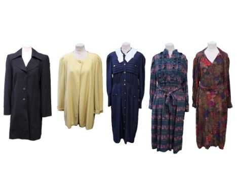 A collection of dresses and jackets to include a silk dress Louis Feraud, autumnal colours, padded shoulders, tie neck and a 