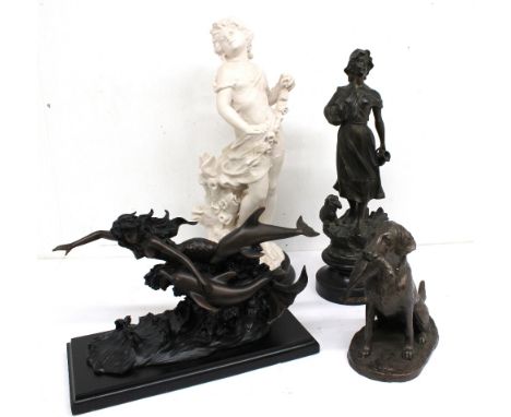 Pewter French Early 20th C figure, two bronze figures i.e Hunting Dog and boxed Ocean Spirits along with reproduction Art Nou