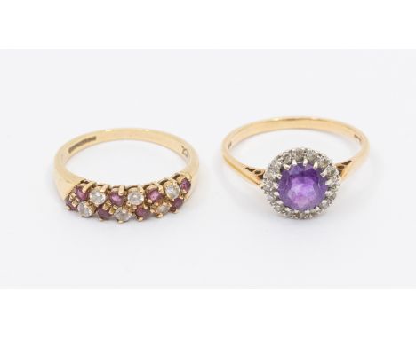 Two stone set 9ct gold rings, including an amethyst and diamond set ring, comprising a round mixed cut amethyst within a diam