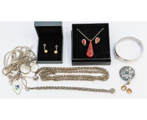 A collection of silver jewellery to include an early vintage enamel pendant and chain together with silver Albertina fob chai
