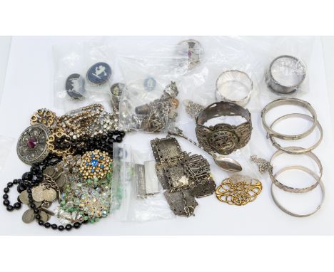 A collection of vintage silver, white metal jewellery to include two paste set Scottish brooches(one with Edinburgh mark, a w
