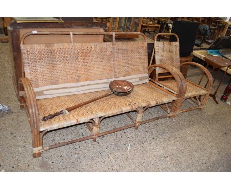 Early 20th century bamboo and cane sofa, 165cm long, together with an accompanying armchair