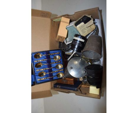Box of mixed items to include Holy Communion book, various camera lenses, vintage Ever Ready razor, assorted cutlery etc