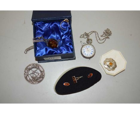 Mixed Lot: small opal and 9ct gold ring, together with further hallmarked silver Celtic style brooch, an amber pendant and a 