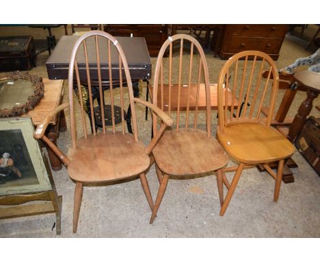 Ercol stick back carver chair together with a further Ercol dining chair and one other (3)
