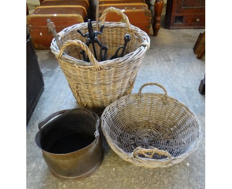Collection of items, to include: helmet shaped coal scuttle, various fire irons, wicker log basket etc.  (B.P. 21% + VAT) 