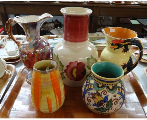 Tray of china to include: Old Court ware lustre ewer, Burleigh ware dragon handled jug, Gouda vase, Shelley orange striped va