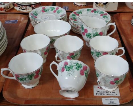 Tray of Royal Albert English bone china 'Lucky Clover' design teaware to include: teacups and saucers, cake plates, milk jug 