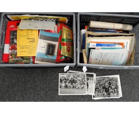 Two boxes of mainly Rugby Union programmes, Club and International together with some Boxing ephemera including a Howard Wins