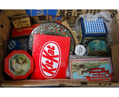 Box of vintage tins to include: Kit-Kat, Ogden's Aintree, Sellotape, St Bruno rough cut tobacco tin etc. (B.P. 21% + VAT) 