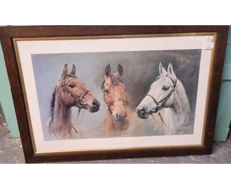 After S L Crawford, 'We Three Kings', equestrian print featuring Arkle, Red Rum and Desert Orchid.  35x63cm approx.  Framed a