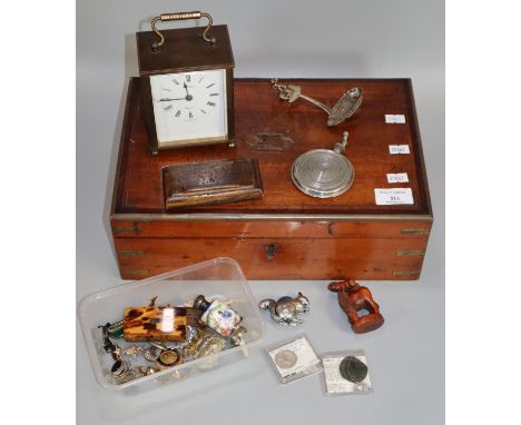 19th century mahogany and brass writing box, the interior revealing assorted items including: carriage clock, scent bottle, s